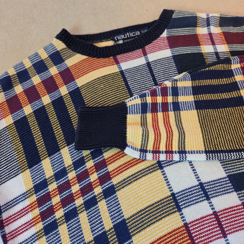 Nautica Vintage 90s Men's Plaid Multicolor Grandpa Sweater 100% Cotton Sz Small